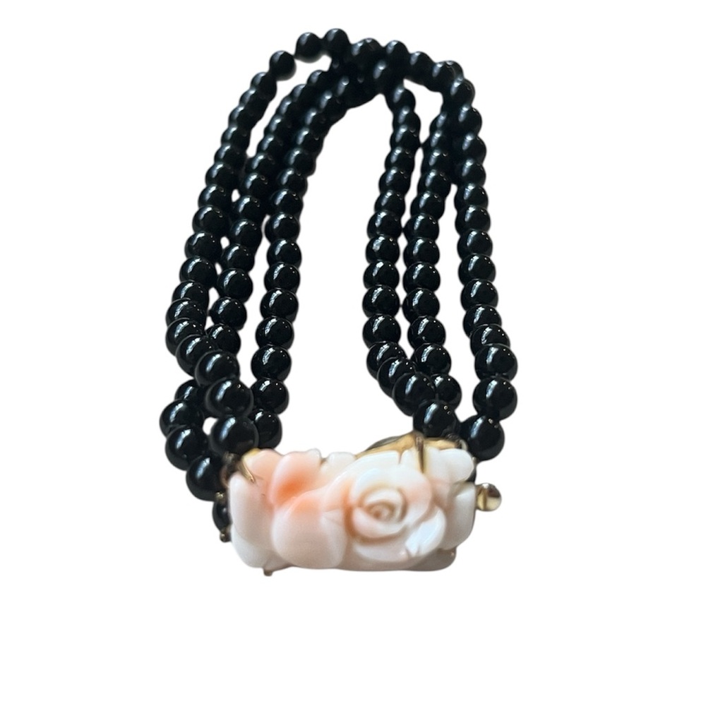 Vintage Bracelet Black Onyx Beads with Carved Pink Coral Rose Clasp 8” Length